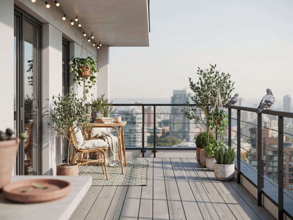 długi balkon z roślinami