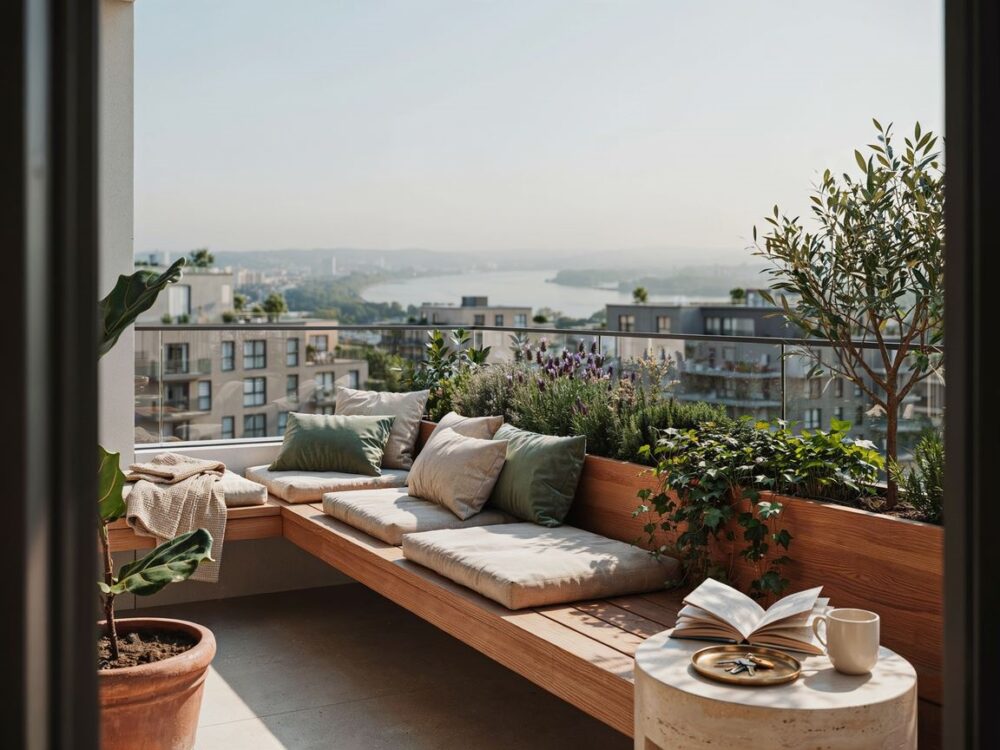 zabudowany balkon z meblami
